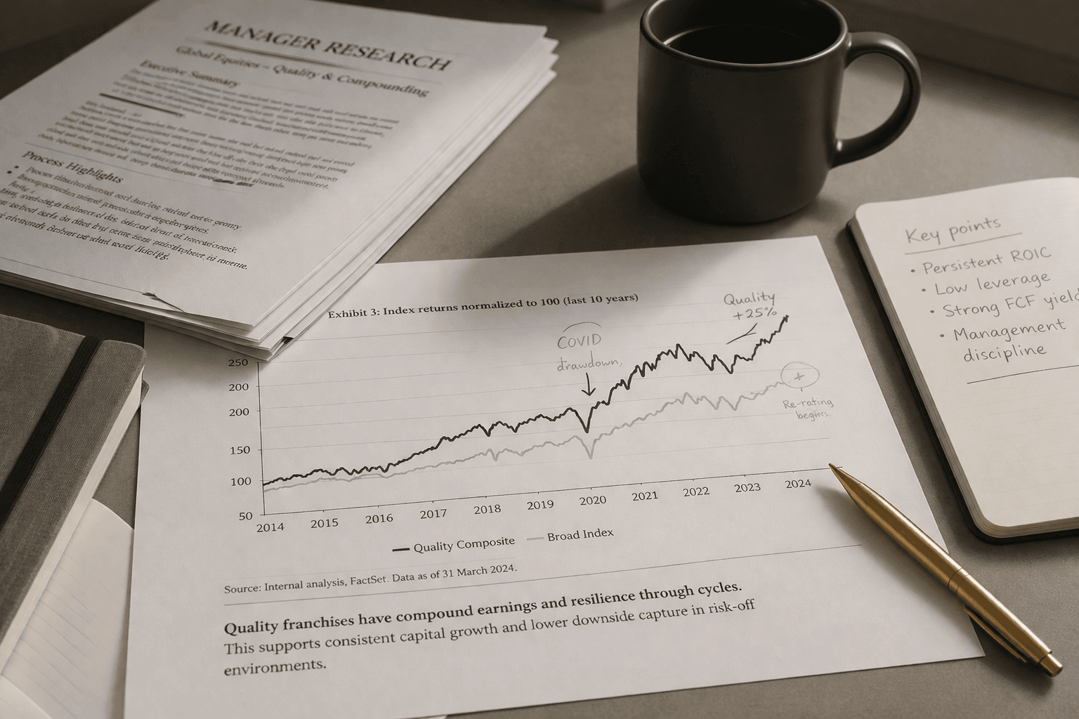 Printed market research and charts arranged on a desk.